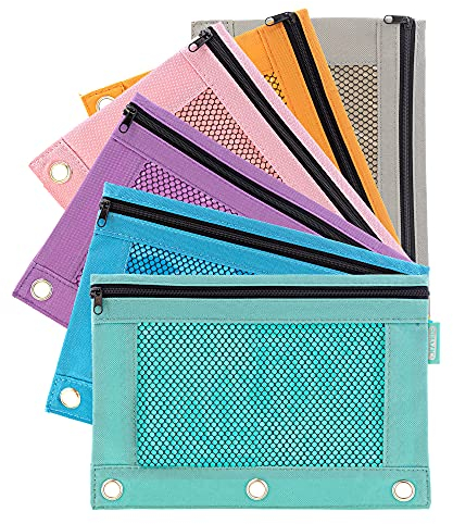 Bazic Federmäppchen, 3 Ringbücher mit Nieten-verstärkten Ringlöchern, Netzfenster, Reißverschlusstaschen, Kosmetiktasche, Pastellfarbe, 6er-Pack