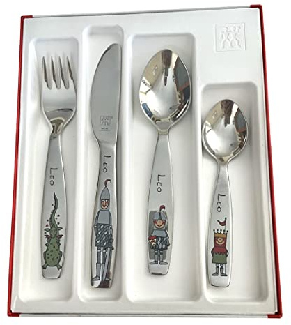 regalo grabado 4 Ritter Kinderbesteck +3 Jahre Edelstahl Gravur Name Datum | Set 4 Ritter Kinderbesteck +3 Jahre Edelstahl 18/10 Gravur 2 Seiten Name Datum, spülmaschinenfest, Box & Geschenkumschlag