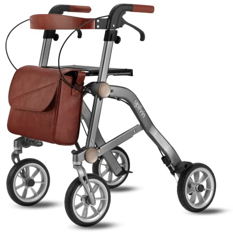Uplivin Trive - Déambulateur 4 roues Pliable Leger, Déambulateur à roues, 3 accessoires inclus, Deambulateur Pliant, Rollator Gris, By Mobio