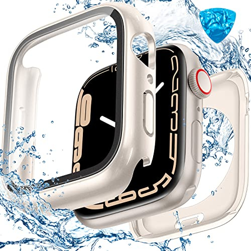 HWeggo [2 in 1] Wasserdicht Hülle für Apple Watch Series 9/8/7 Schutzhülle 41mm,360°PC-Abdeckung mit Hartglas Displayschutz,Vorderseite & Rückseite Stoßstange für iWatch 9/8/7(Sternenlicht)