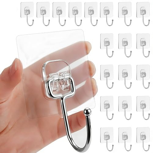 Lamondre 20 Stück Große klebehaken Selbstklebende Haken, transparent Klebehaken, wandhaken selbstklebend transparent, Wasserfeste Mehrzweckhaken für Handtuch, Mantel, Schlüssel und Küchenutensilien