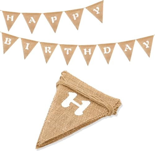 G2PLUS Leinen Happy Birthday Wimpelkette, Vintage Girlande Banner für Babydusche, Party (Weiße Wort)