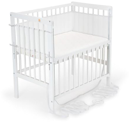 FabiMax Baby Beistellbett Flex mit innovativem Seitengitter für Boxspringbett, inkl. Matratze und Nestchen aus Netzstoff, Buche massiv weiß, Comfort/weiß mit Punkteband