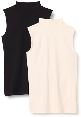 Amazon Essentials Camiseta sin Mangas de Punto Trenzado y Corte Ajustado con Cuello Redondo Mujer, Pack de 2, Cáscara de Huevo/Negro, L