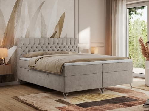 MKS MEBLE Boxspringbett 180x200, Bett mit Matratze H3, Boxspringbett mit Bettkasten und Topper, Polsterbett mit Füße - GRIMALDI - 180x200 - Beige Struktur - H3