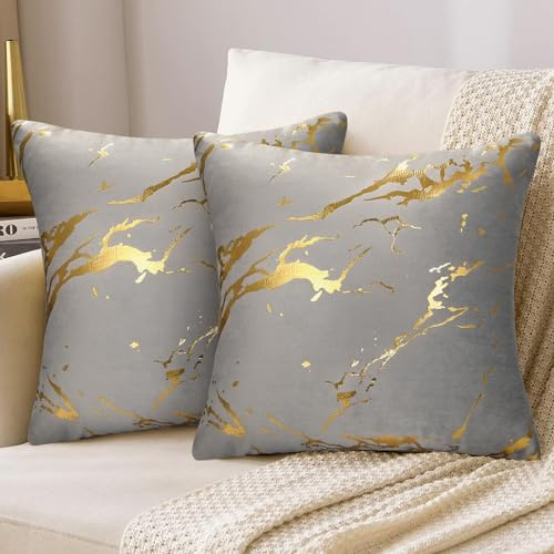 DakTou Kissenbezüge Dekorative Kissenhülle Samt Kissen 45x45 cm Gold Marmor Muster Sofakissen Dekokissen Kissenhülle Modern Zierkissen Bezug Couchkisen für Sofa Schlafzimmer Büro Auto 2er Set Grau