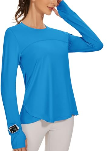 IECCP Sportblus damer långärmad Activewear t-shirts UPF 50+ UV-skydd solskydd långärmade tröjor smal passform med tumhål Rashguards sportskjorta, blå, S