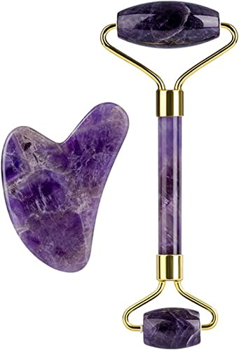 EKFBQBGW Raumdekoration Amethyst Rough Stone Amethyst Naturstein Gesichtsroller Gua Sha Tools Set SPA Akupunktur Scraping Crystal Body Face Health Care Massage (Color : Purple 2pcs Set 1)