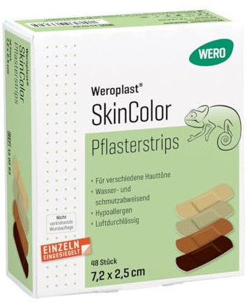 WERO Weroplast® SkinColor Pflasterstrips 7,2 x 2,5 cm, 48 Stk/Pkg | für verschiedene Hauttöne, wasser- und schmutzabweisend, einzeln eingesiegelt