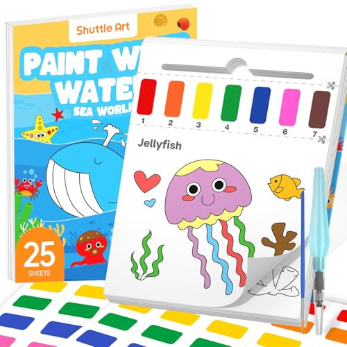 Shuttle Art Malbuch mit Wasserfarben für Kleinkinder, Wassermalbuch für Kinder mit 25 Seiten Unterwasserwelt Vorlagen, 2 Pinseln und Wassermalfarben, Wasserfarben nach Zahlen Kinder Malbuch ab 3-8