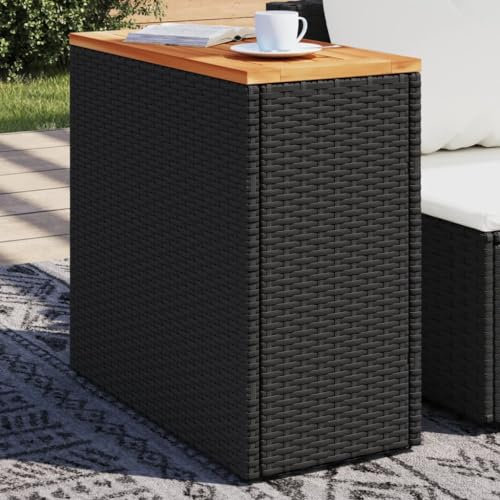 LAPOOH Garten-Beistelltisch mit Holzplatte Schwarz 58x27,5x55cm Rattan, Gartentisch, Terrassentisch, Esstisch Garten, Balkontisch, Gartenesstisch, Gartenmöbel, Partytisch - 365983
