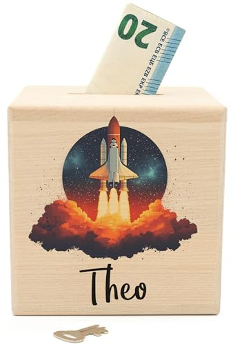 Geschenkfreude Personalisierte Spardose aus Holz - 10 x 10 cm - Rakete | Holz, Spardose mit Namen, Astronaut mädchen spardosen personalisiert Kind Taufe taufgeschenk Junge