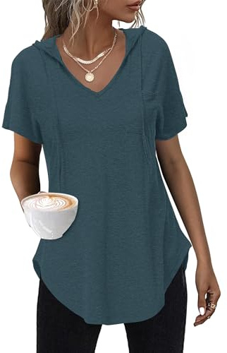 WNEEDU T-Shirt Damen Sommer mit Kapuze Kurzarm Kapuzenpullover Hoodie V Ausschnitt Top Damen Sommer-Shirt Oberteile Dunkelgrün L
