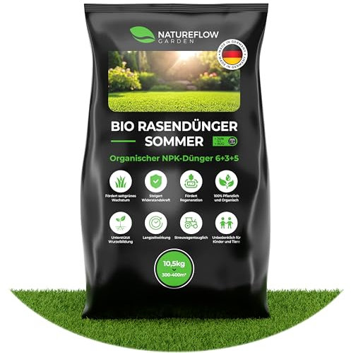 Bio Rasendünger Sommer TESTSIEGER Made in Germany – 10,5kg für 400qm - Organischer Rasendünger Bio für gesunden Boden & sattgrünen Rasen - Dünger Rasen, Sommerdünger Rasen von Natureflow Garden