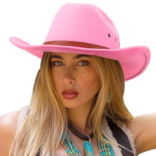 DRESHOW Cowboyhut für Damen & Herren Viehzüchter Western Fedora Filzhut Cowgirlhut mit Breite Krempe und Schnallengürtel Unisex Aufrollbare Krempe Hut