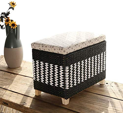 HYBMRQVD Handgewebter Aufbewahrungskorb-Ottomane mit Rattan-Fußhocker, multifunktional, handgefertigt, Korbtruhe, Massivholzstruktur, ideal für Wohnzimmer, Schwarz (50 x 30 x 30 cm)