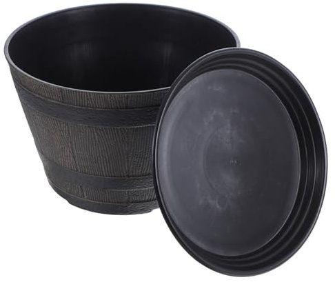 KONTONTY Maceta de Barril de Plástico Pequeña para Exterior con Orificios de Drenaje y Platillo, Jardineras Hidropónicas de Abs Grueso y Diseño Retro para Balcón y Jardín