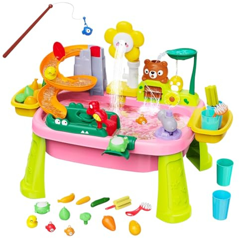 Generisch Rain Showers Wasserspieltisch | Großer Wassertisch Mit Elektrischer Pumpe Zubehörset | Garten Wasser Spieltisch Für Kinder, Rosa/Grün, 60x42.5x44cm, Angelspiel