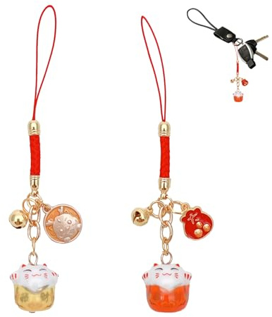 EUYKQNOI Chat Porte Bonheur Japonais Maneki Neko avec Clochette, Porte-Clés Amulette Baguette de Fortune, 2 Pièces, Cadeau Élégant pour Sac à Main/Téléphone/Clés de Voiture
