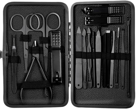 JIANBOHAIRS Kit de manicura Pedicure Kit de aseo manicura pedicura cortador de uñas de acero inoxidable cortaúñas, tijeras pinzas de depilar herramientas de uñas conjunto con tra negro
