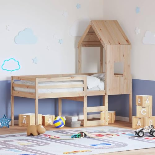 Teenpull Hochbett mit Dach 80x200 cm aus massivem Kiefernholz, Spielbett für Kinder mit Leiter und Sicherungsgeländer, modernes Jugendbett Natur