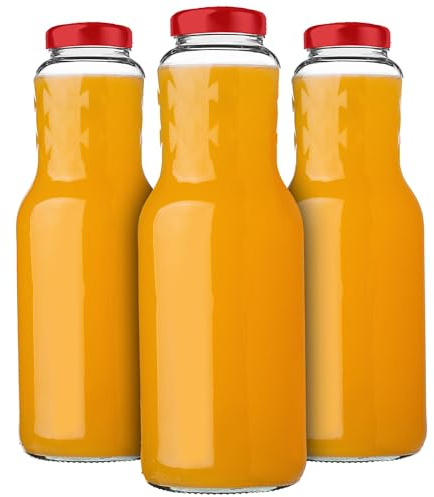 KADAX Botellas de cristal de 1 l, 3 unidades, con tapón de rosca fi53 mm, botellas vacías para conservas y relleno, botellas para zumo, botella de boca ancha (rojo)