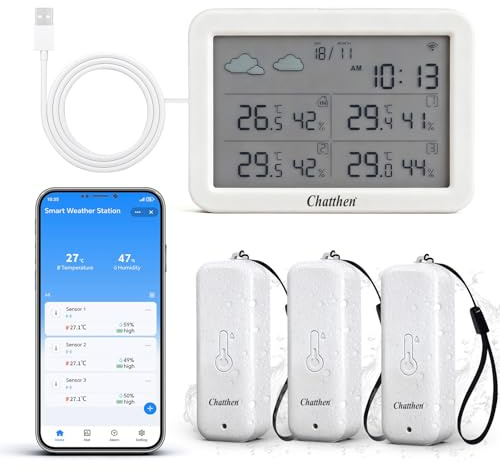 Chatthen Estacion Meteorologica Wifi, Estacion Meteorologica Interior Exterior, Higrometro Termometro Exterior con Fecha y Pronóstico del Tiempo, 1 Pantalla y 3 Sensors Inalámbrico Remoto