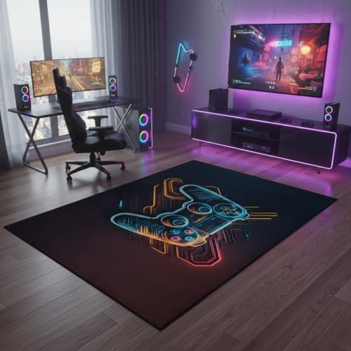TAPISO Joy Teppich Jugendzimmer | Neon Controller Motiv | Gaming Teppich für Jungen | Modern Schwarz, rutschfest, Kurzflor, Pflegeleicht, Strapazierfähig, Für Gaming Room Büro 140 x 200 cm