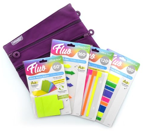Office Box Pack de Notas Adhesivas Fluorescentes FLUO – 4 formatos (Flechas, Bloque, Marcadores y Tiras Index) + Estuche portatodo de regalo para anillas, PET transparente, reposicionables