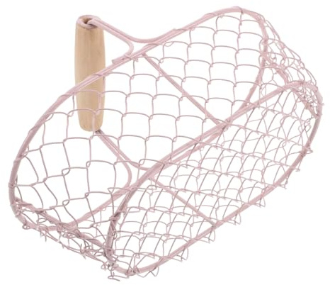 BESTYASH Cestino per la Raccolta delle Uova in Metallo con Manico in Legno Portauova da Banco Rosa Vintage Contenitore Rustico per Frutta e Verdura con Flusso D’Aria per Cucina e Feste