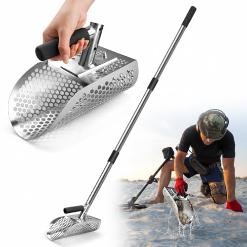 Qdreclod Detector de Metales Pala de Arena 2 en 1, Pala Tamiz de Acero Inoxidable con Mango Desmontable, Herramienta Multifunción para Búsqueda de Tesoros en Playa y Jardín (Plateado)