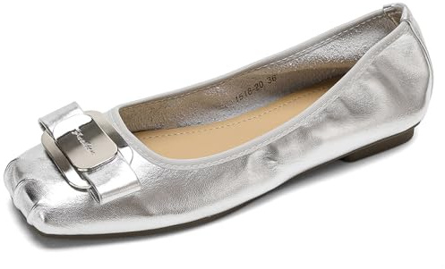 Ballerina, platt fyrkantig tå, lågt skuren dra-på platt metallspänne, rynkad tå, balettpumpar, komfort, arbete, kontor, promenad, pendling, daglig användning, SILVER, 37.5 EU