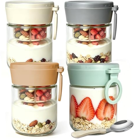 4 Stück Übernachtungshaferglas mit Deckel, Joghurttopf, Zweilagiger Übernachtungshaferbehälter für Trocken-Nass-Trennung, Joghurt-Töpfe, für Frühstück, Obst, Nüsse, Müsli (Borosilikatglas 20 oz)