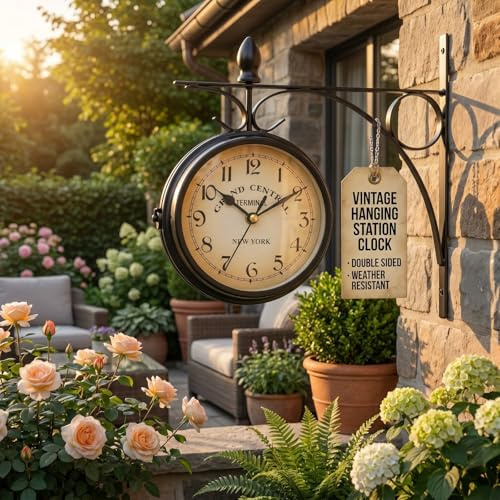 M-V-O Outdoor Double Sided Wall Clock, Vintage Analogue Hanging Garden Clock with Metal Bracket, Weather Resistant Indoor Outdoor Station Clock for Patio, Garden, Porch & Home Decor