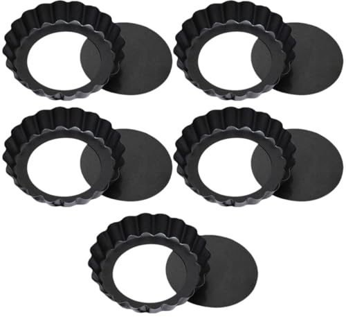 WATIIFUFU Set 5 Pezzi Teglie per Crostata in Acciaio al Carbonio Nero, Stampi Rotondi Scanalati con Fondo Removibile, Antiaderenti, Riutilizzabili e Facili da Pulire per Dolci