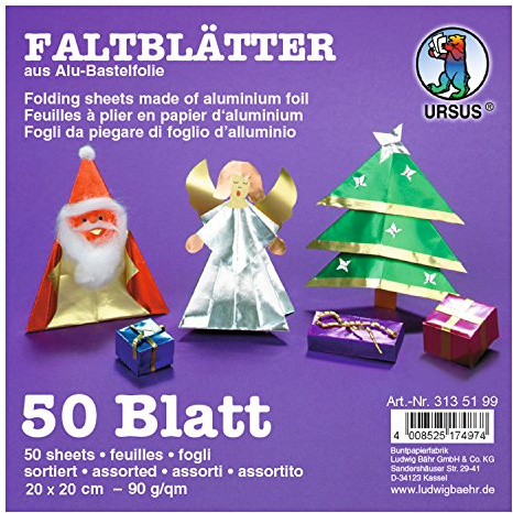 Ursus 3135199 - Faltblätter Alu, ca. 20 x 20 cm, 90 g/qm, 50 Blatt sortiert in 10 Farbkombinationen, beidseitig bedruckt, ideale Grundlage für kreative Bastelarbeiten