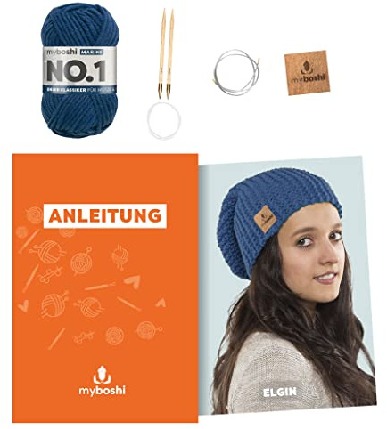 myboshi Strickset Mütze Elgin, Strickset für Anfänger, inkl. No.1 Wolle, Nadel und Anleitung, Label, Strickpaket, 30% Merinowolle Blau, mit Rundstricknadel