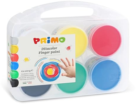 PRIMO- Tempera a Dita in vasetto, Valigetta Multiuso, 6 Colori x 100 g, Multicolore, 221TD100SP
