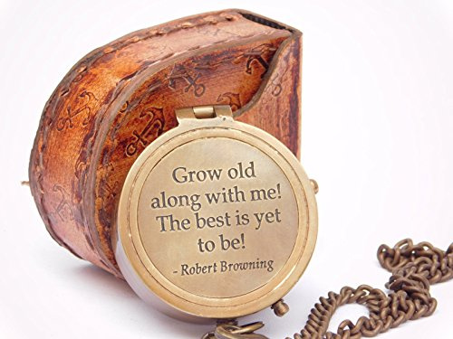 Grow Old with Me Gravierter Messing-Kompass an Kette mit Lederetui