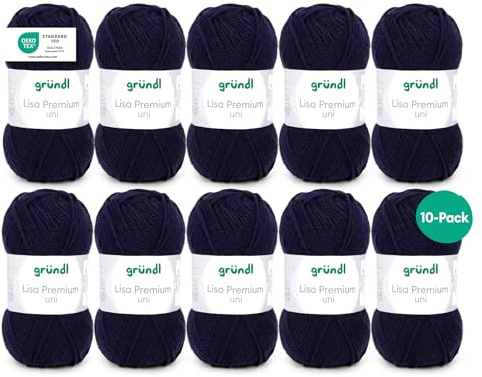 Gründl Lana Lisa Premium uni Hilo de tejer 100% poliacrílico, Hilo para tejer/ganchillo 50 g / 133 m, 10 bolas, Tamaño de la aguja 3,5-4,5; azul marino