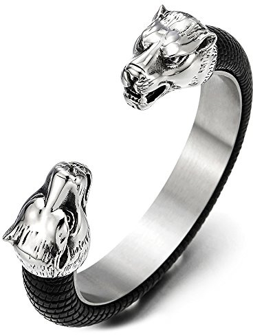 COOLSTEELANDBEYOND Edelstahl Wolfskopf Offenes Manschette Armband Herren, Armreif Intarsien mit Schwarze Leder, Elastische Verstellbare