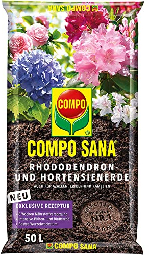 COMPO SANA® Rhododendron- und Hortensienerde mit 8 Wochen Dünger für Rhododendren, Hortensien und andere Pflanzen, die einen niedrigen pH-Wert bevorzugen 50 L