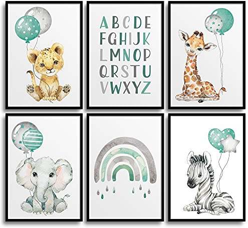 Frechdax® Set Poster Kinderzimmer - A4 Bilder Babyzimmer - Junge Deko Mädchen (Safari Tiere Luftballons Mint)