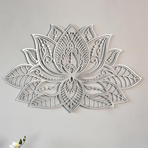 Colorfull Worlds Decoración de pared de metal con mandala 3D, decoración de flores de loto para hogares, decoración de sala de estar, regalo de año nuevo, 26.5 x 17 pulgadas, 67 x 43 cm, plateado)