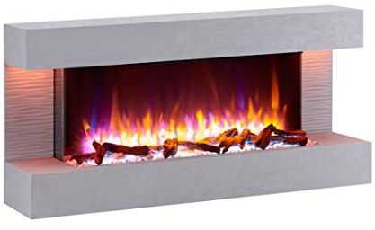 BALDERIA Elektrokamin Helia | Elektrischer Wandkamin mit 3D-Flammeneffekt | Elektro Heizung 2000W, LED-Beleuchtung | Kamin mit Fernbedienung, Timer, Startsteuerung & Thermostat | Betongrau