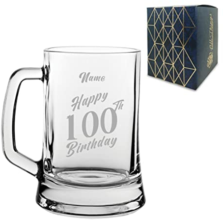 Personalised Engraved Tankard Beer Mug Stein Happy 100th Birthday Slanted Design Gift Boxed, 16.75oz/495ml Classic Beer Glass, Any Name, Engraved in The UK