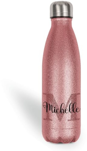 Personalisierte Glitzer Thermoflasche 500ml – Trinkflasche mit Namen aus Edelstahl – Thermosflasche Kinder & Erwachsene – Geschenk zur Einschulung, Schule, Büro, Sport – Glitzergeschenk, Rose