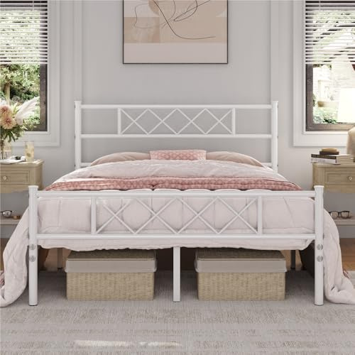 Yaheetech Cama Doble 140 x 200 cm con Espacio Almacenamiento Bajo Marco Metal Altura del Suelo 32 cm Blanco
