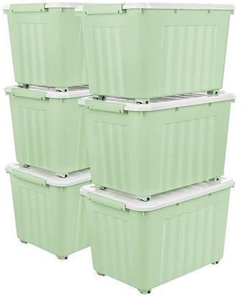 Cetomo 55L*6 Cajas de Almacenamiento con Tapas, Contenedores de Plástico con Ruedas, Clip On, Apilables, Encajables, Organizador Rayado para Oficina en Casa, Verde, 55L-6 Pack