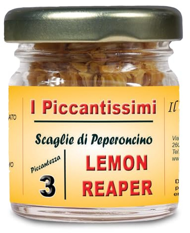 I Piccantissimi - LEMON REAPER peperoncino piccantissimo in vasetto da (13 gr) - Scaglie di Peperoncino a lunga conservazione coltivato con rispetto in Italia (500.000 SHU)